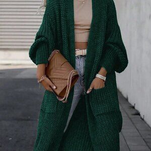 Green Preppy Womens Solid Color Drop Shoulder Cardigan With Double Po…